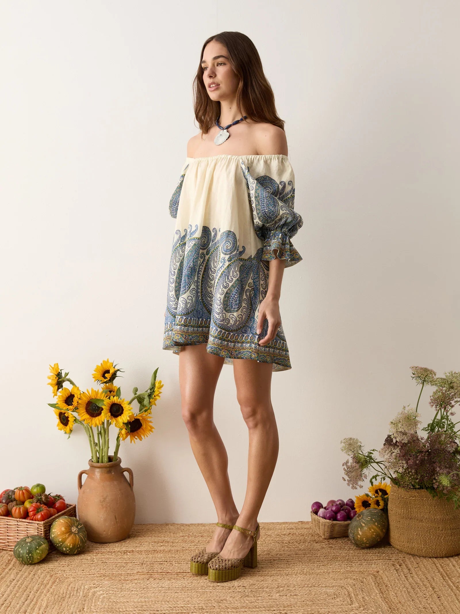 Arcadia Paisley Puff Sleeve Mini Dress - Lazuli