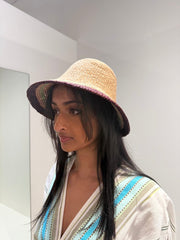 Stripe Raffia Bucket Hat - Striped Burgundy