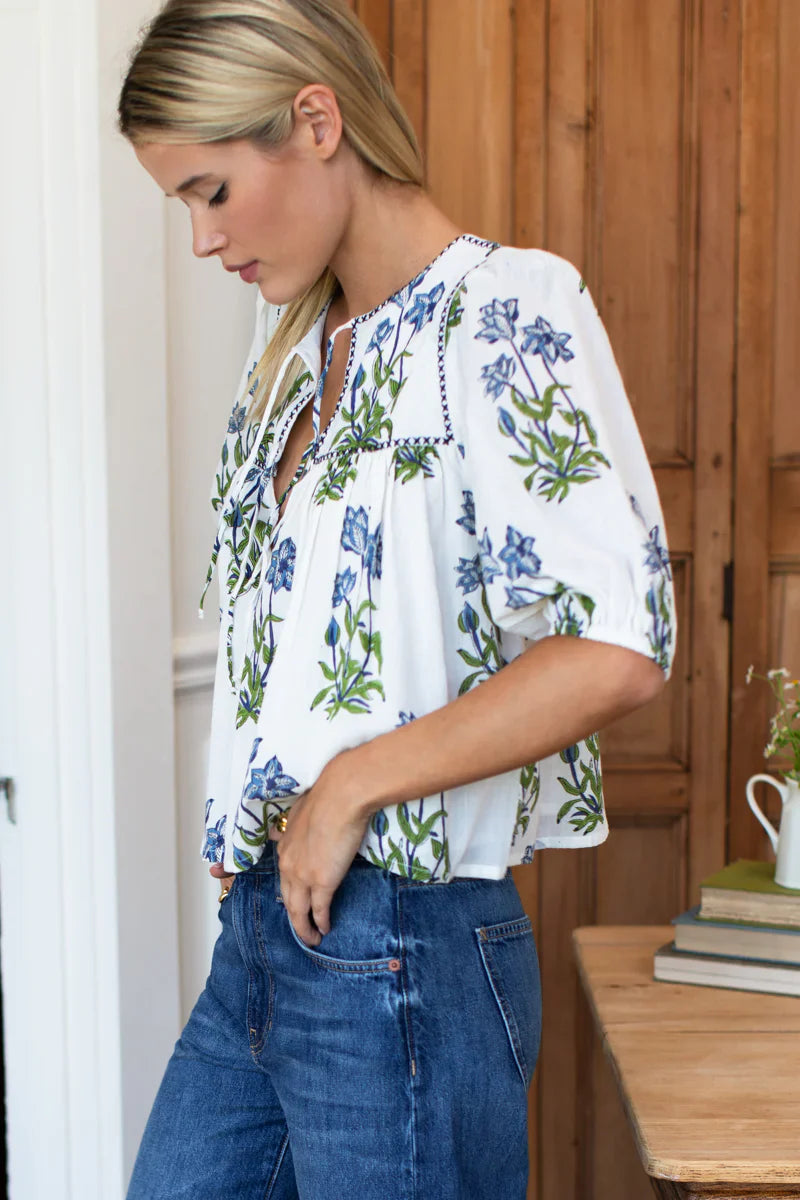 Puff Isla Top - Blue Clematis Flowers + Midnight Embroidery