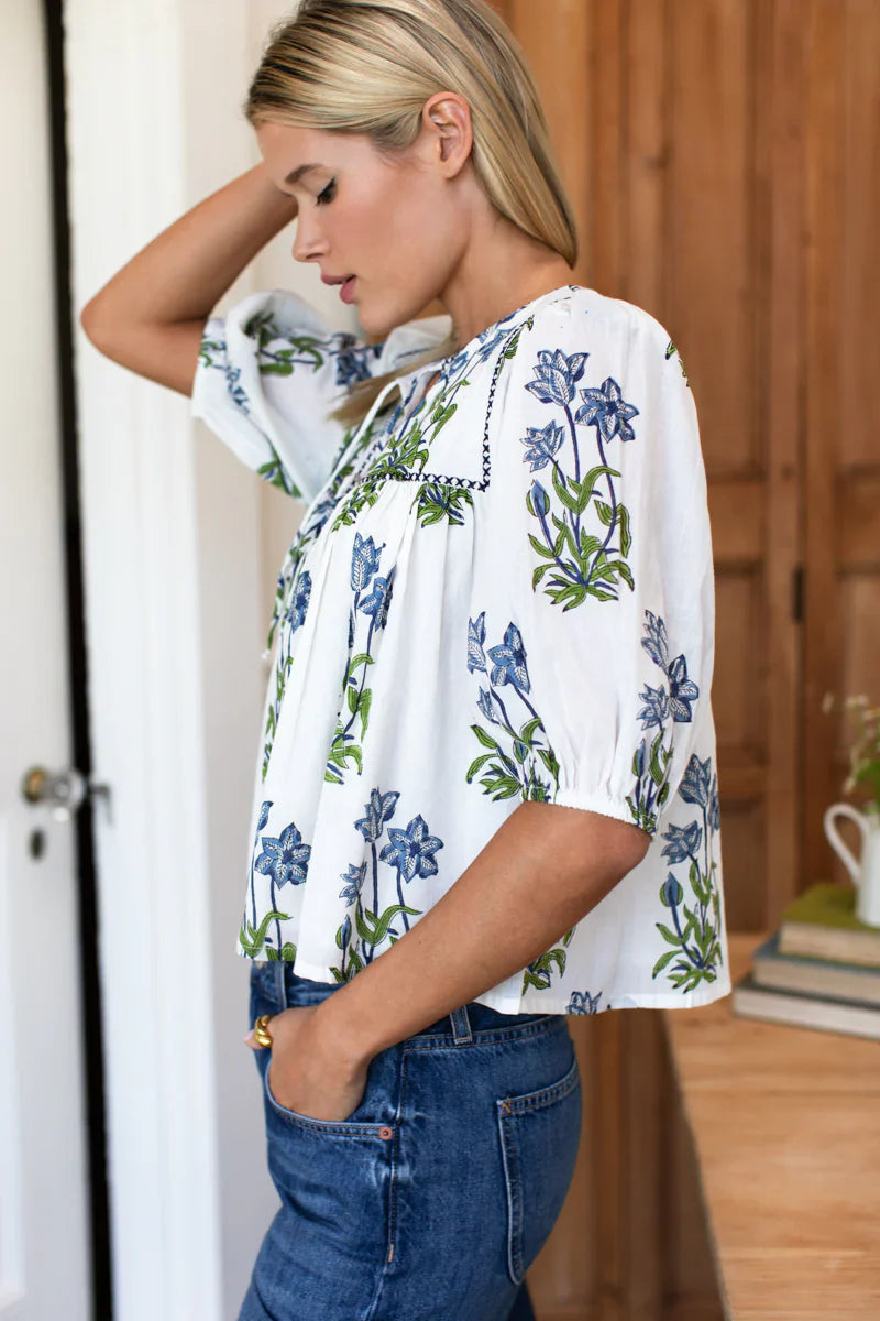 Puff Isla Top - Blue Clematis Flowers + Midnight Embroidery