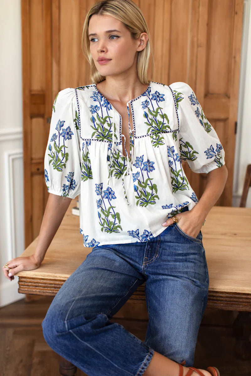 Puff Isla Top - Blue Clematis Flowers + Midnight Embroidery
