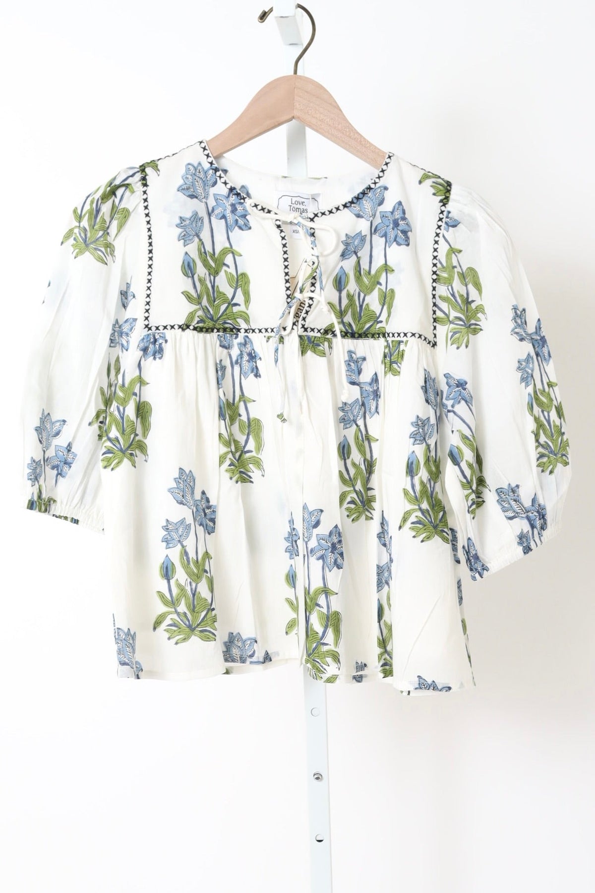 Puff Isla Top - Blue Clematis Flowers + Midnight Embroidery