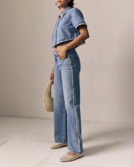 Crochet Trim Column Jean - Whisper Blue