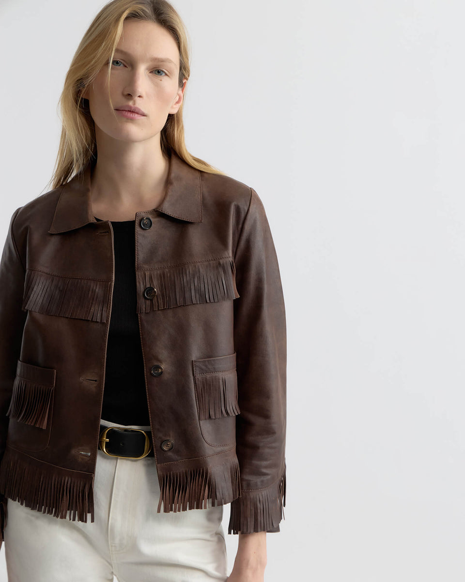 Lazare Fringe Leather Jacket - Dark Brown