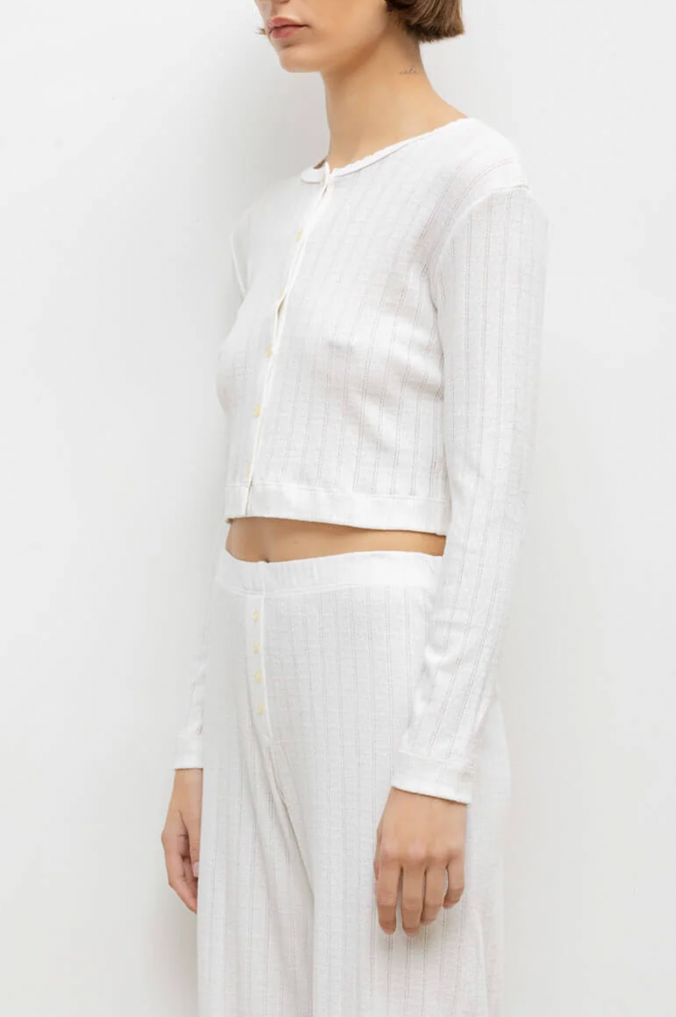 Pointelle Crop Cardigan - White
