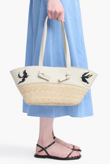 Knot Basket Small Long Handle - Ivory Embroidered Bird