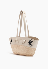 Knot Basket Small Long Handle - Ivory Embroidered Bird