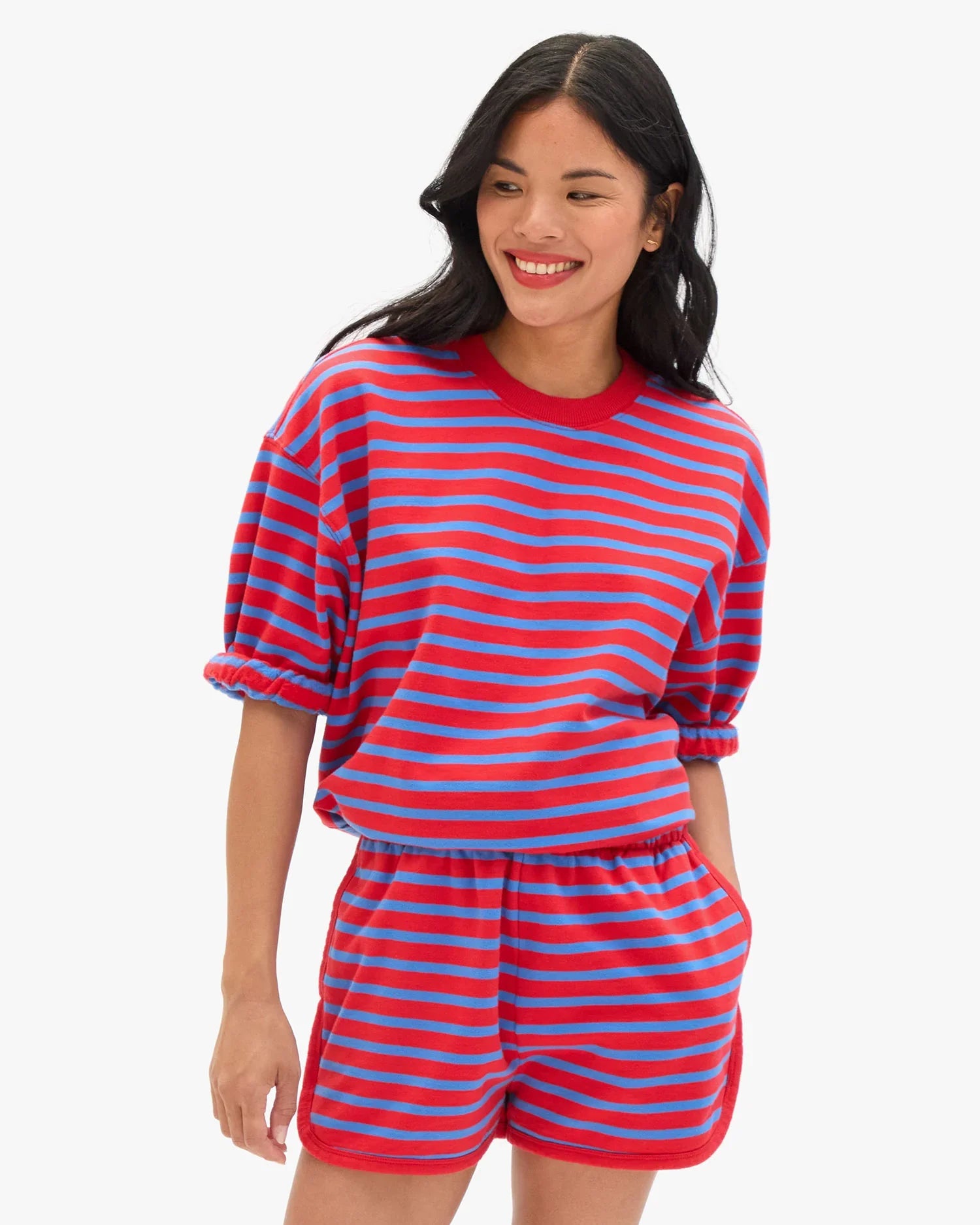 Short Sleeve Oversized Sweatshirt  - Red/Bright Cobalt Stripes