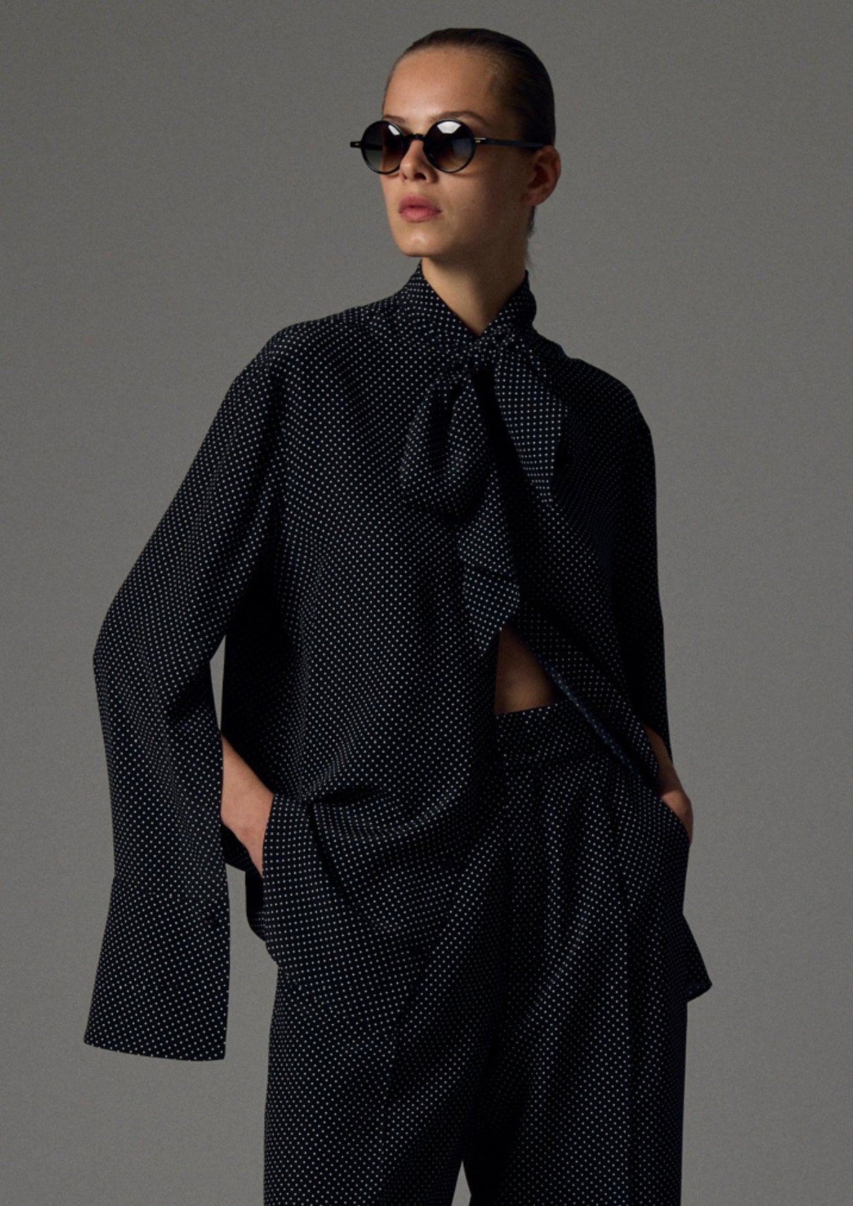 Shirt with Scarf - Black and White Micro Dots