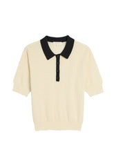 Celia Waffle Pointelle Polo Top - Ecru / Black