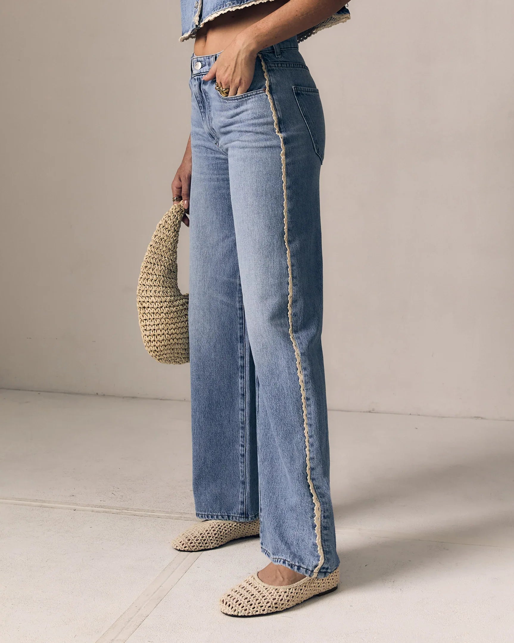 Crochet Trim Column Jean - Whisper Blue